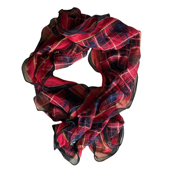 Lauren Ralph Lauren Silk Ruffle Scarf Classic Red Black Plaid - Picture 3 of 8